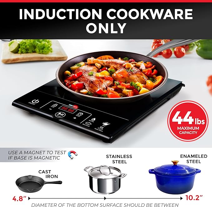 Mueller RapidTherm Portable Induction Cooktop, 1800W Single Burner Hot Plate, 8 Temp Levels, Preset Programs, for Dorm, RV, Small Kitchen