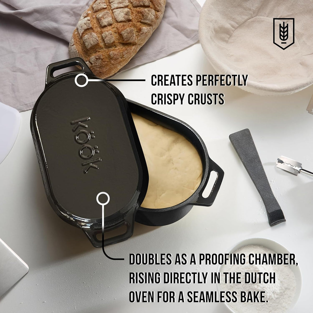 KooK Dutch Oven, Oven for Sourdough Bread Baking, with Lid, Dual Handles, Enameled Cast Iron, includes Lid Lever, Great for Baking Bread, Cooking and Roasting, Dishwasher Safe, 3.4 Qt, Black