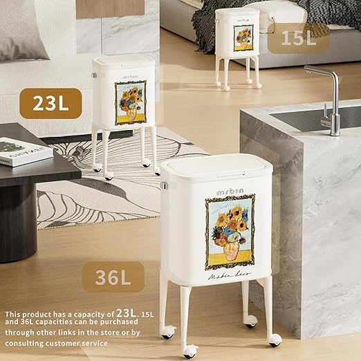 MRBIN 23L Art Decor Trash Can with Wheels, Press-to-Open Lid, Tall Standing Garbage Bin with Lockable Casters, Metal Waste Basket for Kitchen, Living Room, Bedroom, Cream White