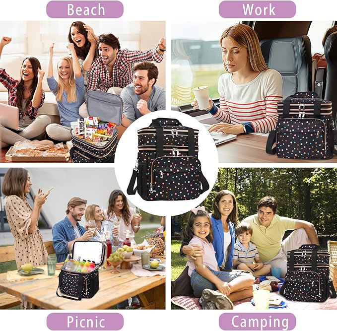GLENKEY Versatile Lunch Box Cooler Bag - Expandable Insulated Lunch Bag Tote for Women - Large Lunchbox for Adults Work Office Outside Trips Polka Dots 16L