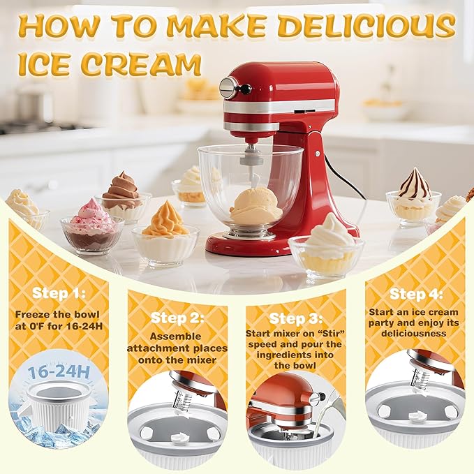 Ice Cream Maker Attachment for KitchenAid 4.5/5QT & 6QT Mixers, Frozen Ice Cream & Sorbet Gelato Maker for KitchenAid, 2 Quart, White, Not Dishwasher Safe