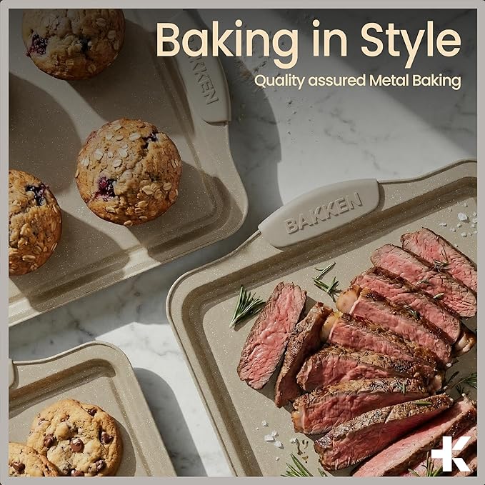 BAKKEN Kitchen Baking Pans - Medium (15.15 × 10.03") and Large (17.1 x 11.8") Nonstick Sheets, Carbon Steel Cookie Sheets with White Silicone Handle, PFOA, PFOS, PTFE Free, Oven Safe (450°F), Set of 2