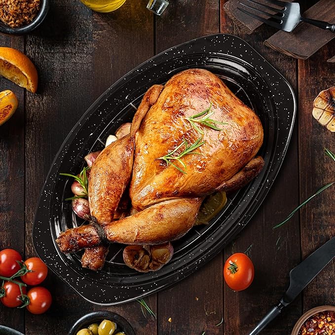 13” Roaster Pan with Lid and Rack, Small Enamel Roaster Pan with Oval Roasting Rack, Granite Baking Pot for Chicken Turkey Lamb, Heat Resistant, Oven/Dishwasher/All Stovestops Compatible