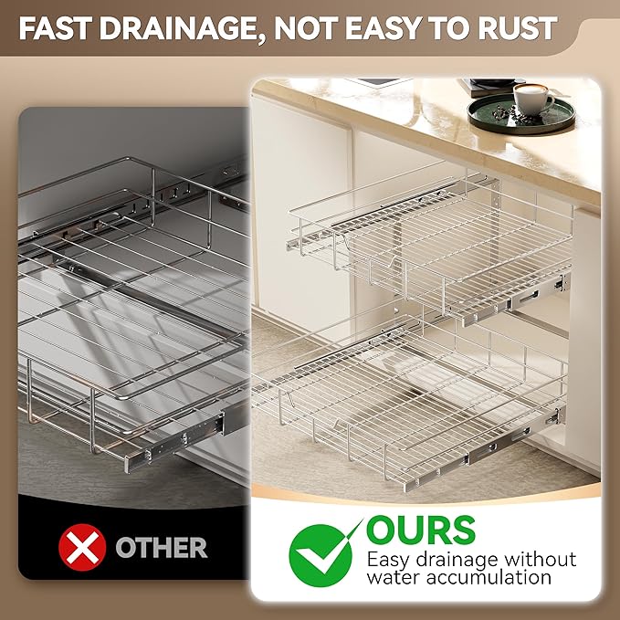 2 Tier Pull Out Cabinet Organizer 24" W X 22" D, Slide Out Drawers For Kitchen Cabinets, Pull Out Drawers For Cabinets Capacity Heavy Duty Caddy, Cabinet Pullout Shelves Chrome-Plated, Bathroom Pantry