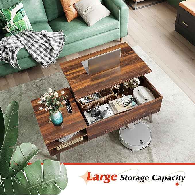 WLIVE Coffee Table, 47“ Lift Top Coffee Tables with Adjustable Storage Shelf and Hidden Compartment, Lift Tabletop Dining Table for Living Room, Rustic Oak