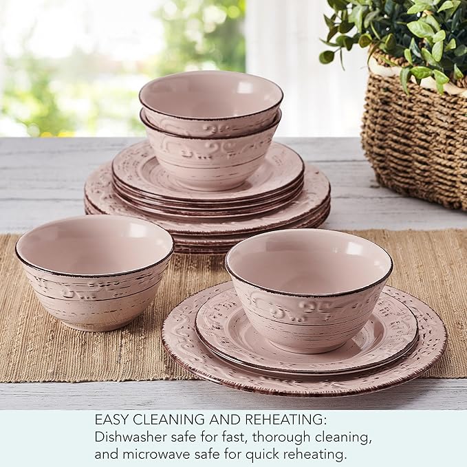 Pfaltzgraff Pink Trellis 12-Piece Dinnerware Set, Stoneware Plates and Bowls Sets for 4, Dishwasher and Microwave Safe, Rustic Garden-Inspired Design