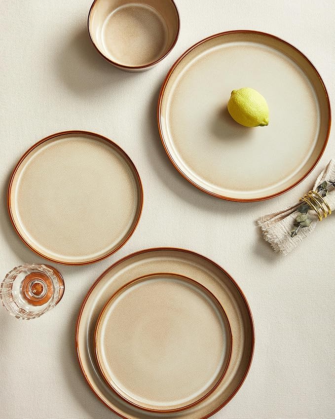 Pokini Dinnerware Set for 8, Ceramic Dish Sets, Plate and Bowl Set, Microwave & Dishwasher Safe Dishware Set, Chip & Scratch Resistant Dinner Set, One-of-a-Kind Design, Amber Brown
