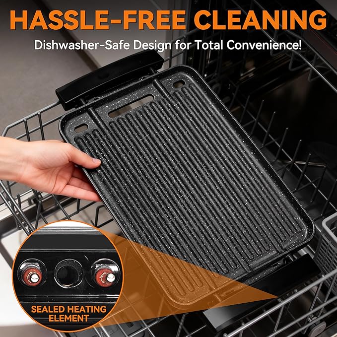Baker’s Friend Indoor Searing Grill & Griddle, Electric Griddle with 2 in 1 Indoor Grill and Griddle Plate Indoor Grill with Removable Plate & Lid, Silicone Mold, Dishwasher Safe, Graphite