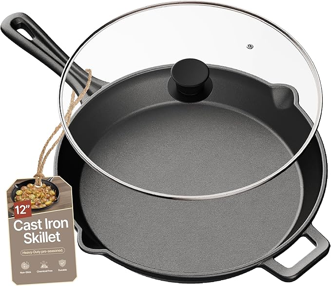 Bakken Pre Seasoned Cast Iron Skillet with Glass Lid & Silicone Handle,12" Frying Pan for Stove, Oven, Grill & Induction, Even Heat Distribution, Versatile All-Purpose Cookware for Searing & Frying
