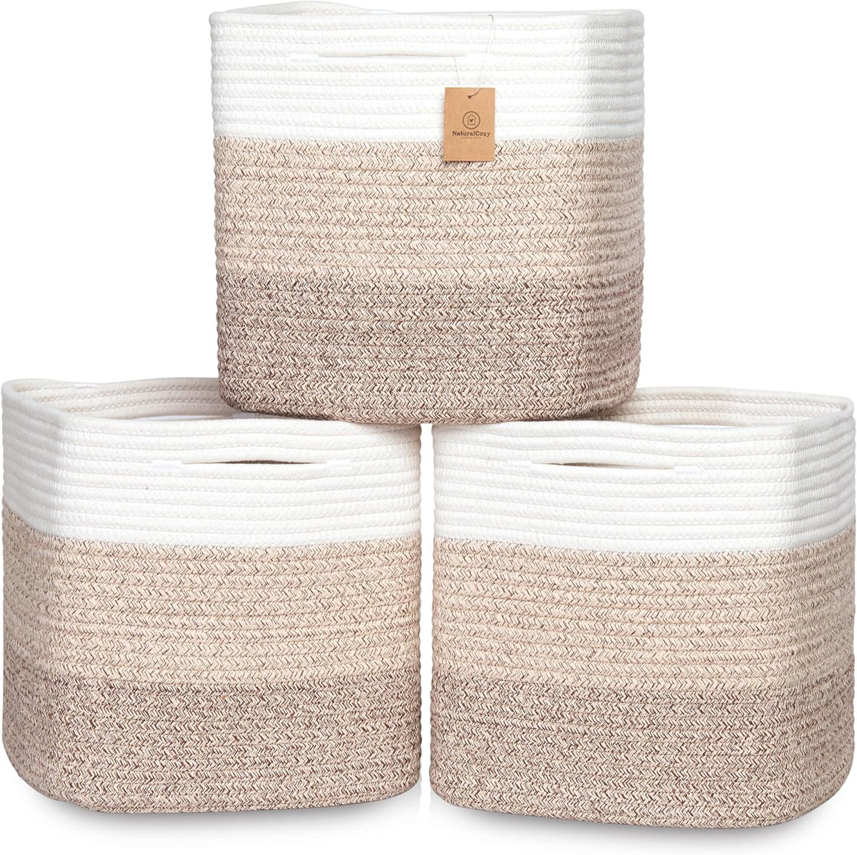 NaturalCozy 13 Inch Cube Storage Bins Cotton Rope Woven Baskets for Organizing 3-Pack | 13 x 13 Storage Cubes | Fabric Square Storage Baskets for Shelves Organizer, Kids Toy Bins, Closet Baby Nursery
