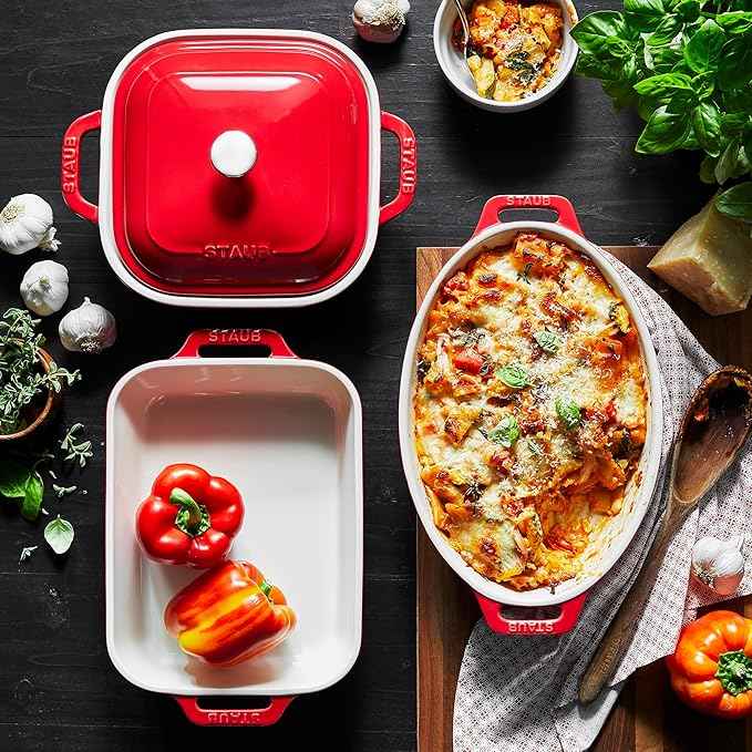 STAUB Ceramic 4-pc Baking Pans Set, Casserole Dish with Lid, Brownie Pan, Cherry