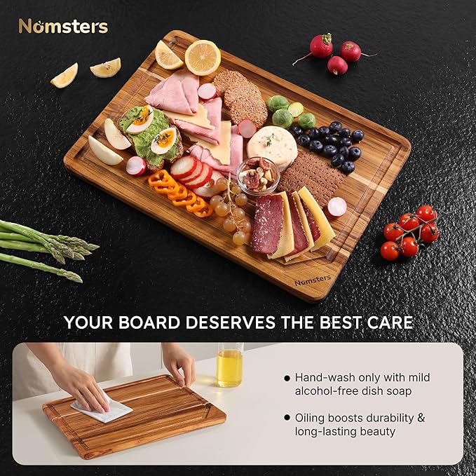 3 Pack Teak Wood Cutting Board Set Non Slip Over Sink Charcuterie Board Serving Heavy Duty Non Toxic Wooden Chopping Board Thick Haus Easy-Grip Handles Ideal Kitchen Gift for Home Cooks