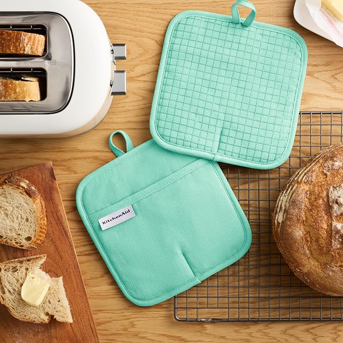 KITCHENAID Gourmet Series Gridlines Pot Holders 2-Pack Set, Heat Resistant up to 600°F, Soft Silicone Grip, Magnetic Cuff, Color of The Year, Spearmint, 8"x8"