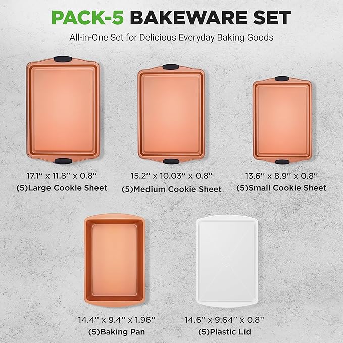 NutriChef 25-Piece Baking Pan Set, Nonstick Carbon Steel Bakeware, Includes 15 Cookie Sheets (3 Each 13", 17", 15") with Silicone Handles, 5 Rectangular Pans with Plastic Lids, PFOA/PFOS/PTFE Free