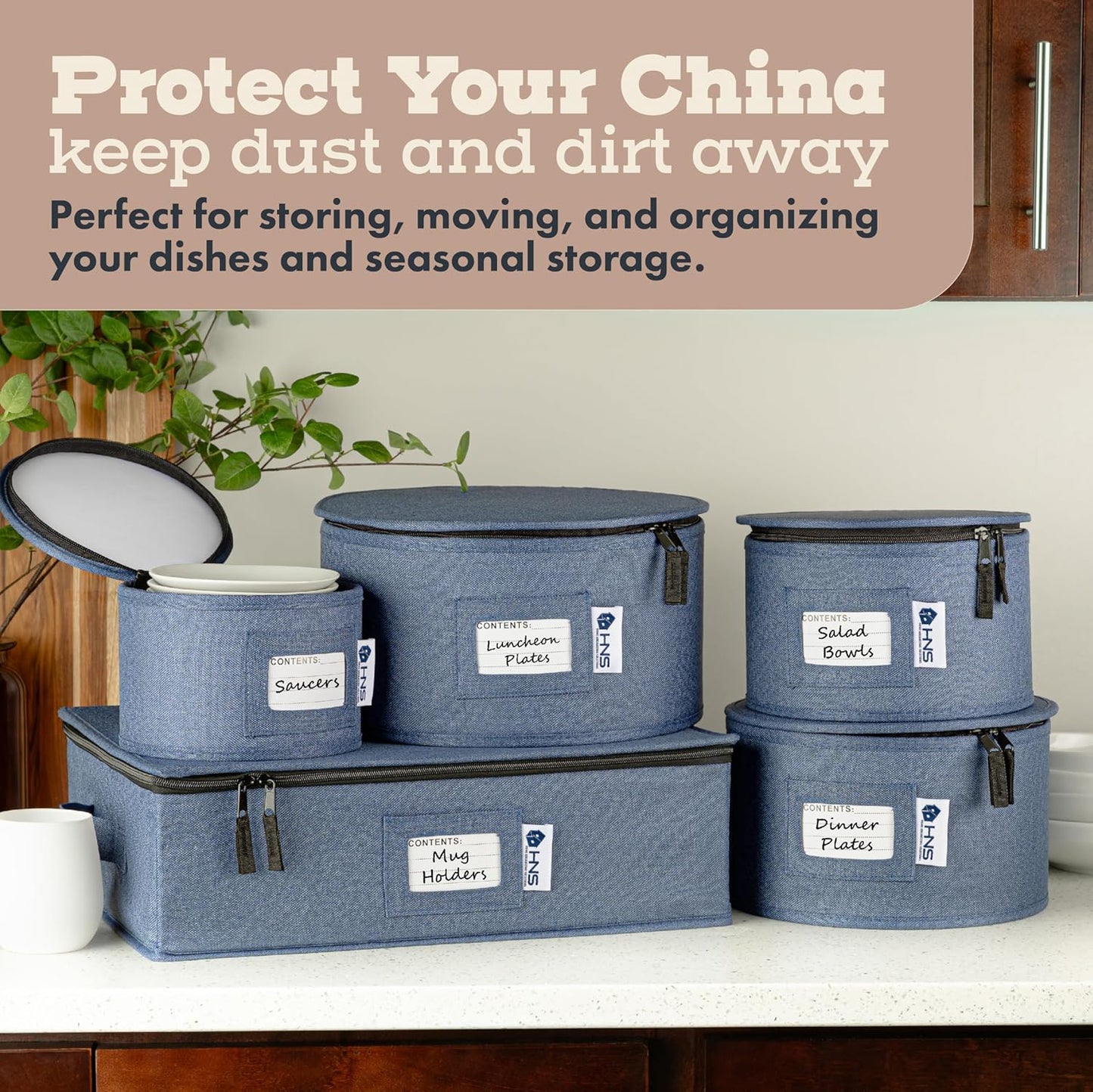 Dinner Plates Storage Container - Hard Shell China Organizer with Dividers - Holds 12 Plates of 12" - Durable & Stackable Storage Box for Seasonal Dishware Protection - Denim Blue