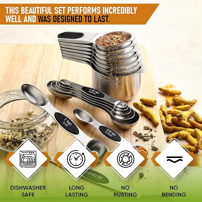 Spring Chef Stainless Steel Magnetic Measuring Cups & Spoons, Set of 15 & Large Dough Blender & Biscuit Cutter Set - 2 Product Bundle - Black