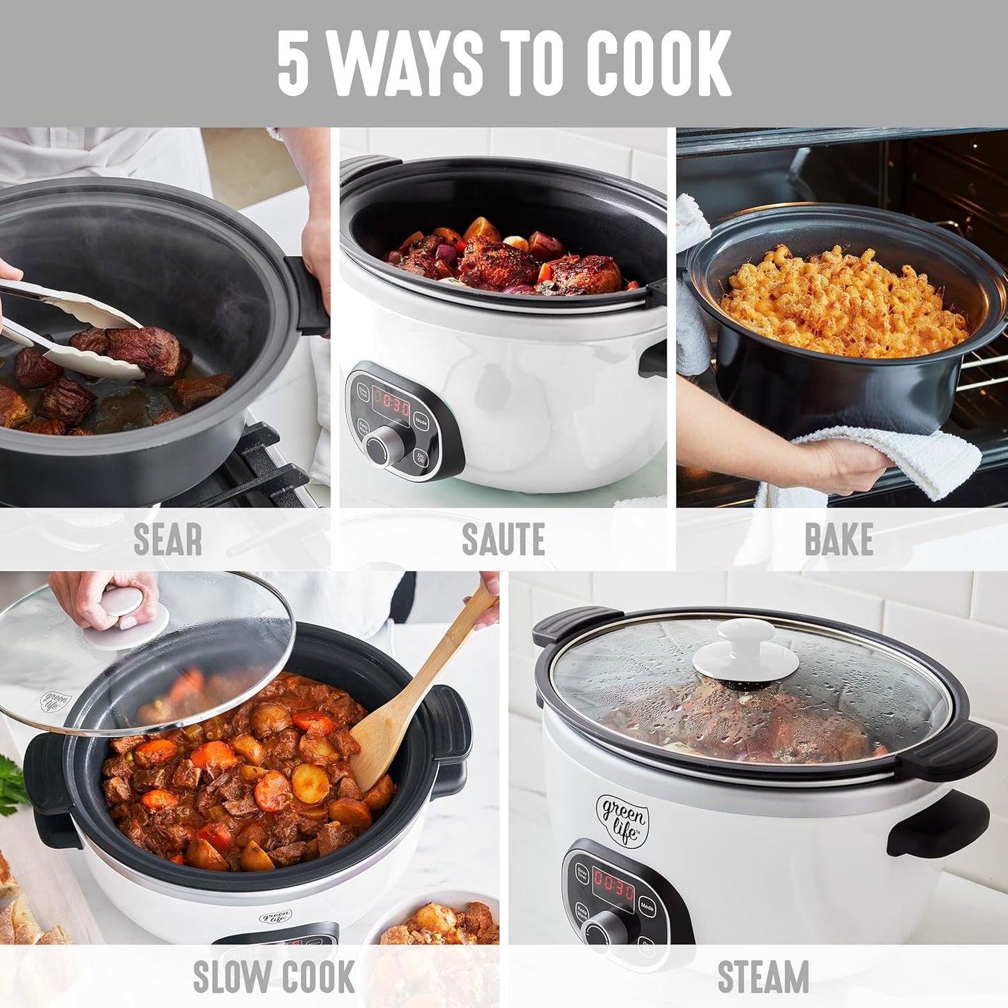 GreenLife 6QT Slow Cooker, Non-Toxic PFAS-Free Ceramic Nonstick Removable Interior Bowl, Programmable, Family Friendly, Keep Warm, Stovetop & Oven Safe, Dishwasher Safe Parts, Timer, Glass Lid, White