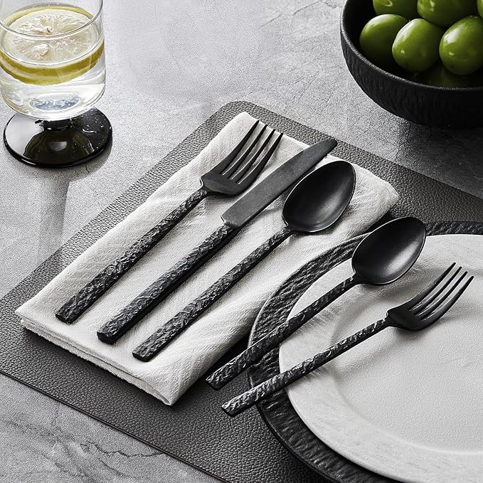 KINGSTONE 30 Pcs Black Hammered Silverware Set for 6, 18/10 Stainless Steel Heavy Duty Flatware Set, Tableware Cutlery Utensil Sets for Home Restaurant Dishwasher Safe