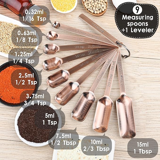 Copper Measuring Cups and Spoons Set 17, Stainless Steel Measuring Cups and Spoons for Dry & Liquid, Metal 7 Measure Cup and 9 Measure Spoon with 1 Leveler for Kitchen & Baking