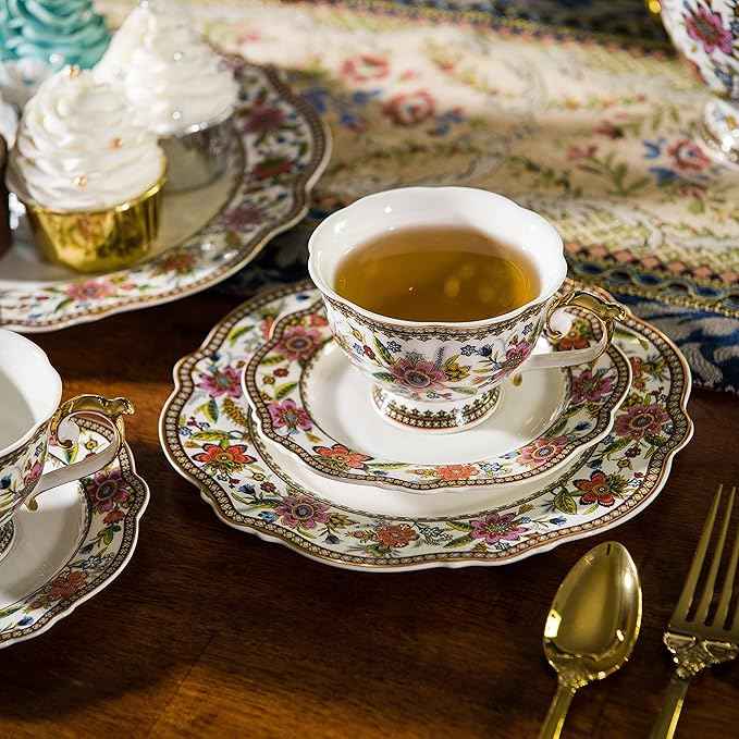 ACMLIFE Bone China Dinnerware Set for 4, 12-Piece Vintage Floral Dinnerware Set, Kitchen Plates and Bowls Set, China Plates Set, Mother's Day, Gifts for Women, Thanksgiving Dinnerware Sets(Pink)
