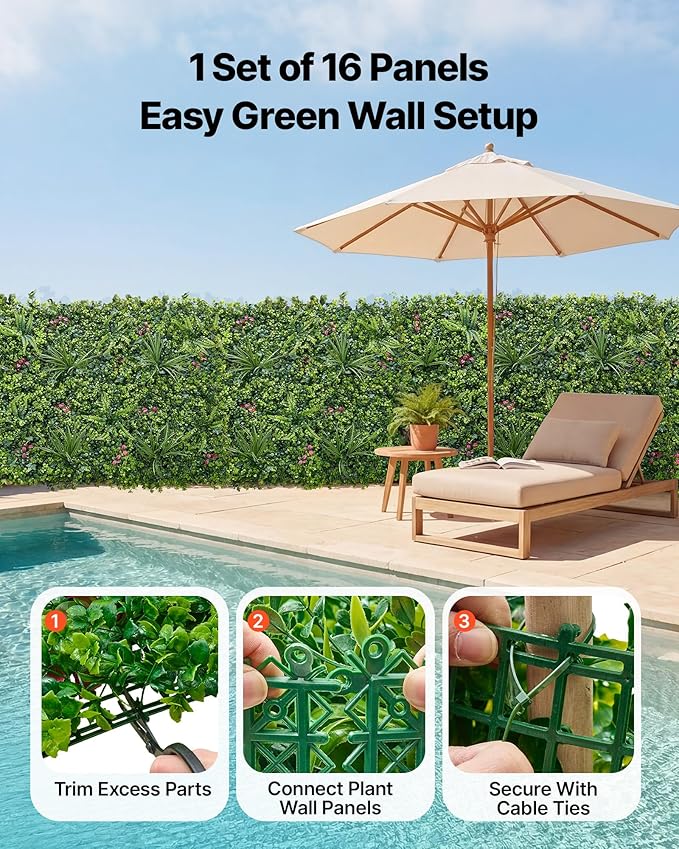 VEVOR Artificial Plant Wall, 16PCS 20 x 20 in Artificial Boxwood Panels, Greenery Backdrop Privacy Hedge Fence with Sun Protection, Fake Grass Wall Screen for Wedding, Indoor, Outdoor GardenMixed Leaf