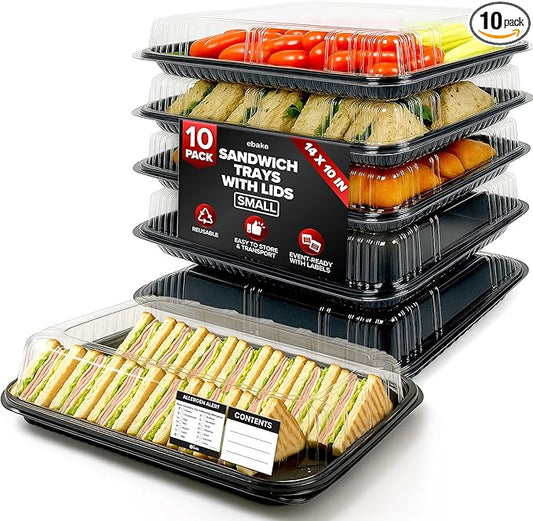 10 Pack Catering Trays with Lids – 13" Serving Tray with Lid, Heavy Duty Recyclable Plastic Party Platters for Catering, Buffet, Picnics & Events – Food Trays with Clear Lid (13.39 × 9.84 × 2.95 inch)