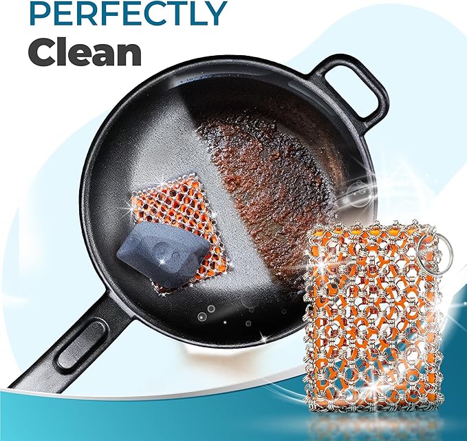 Cast Iron Care Bundle: 316 Stainless Steel 𝐓𝐫𝐢𝐩𝐥𝐞 𝐑𝐢𝐧𝐠 𝐂𝐡𝐚𝐢𝐧𝐦𝐚𝐢𝐥 Scrubber (Orange) & Extra Thick Leather Handle Cover Set of 2 (𝐌𝐚𝐝𝐞 𝐢𝐧 𝐆𝐞𝐨𝐫𝐠𝐢𝐚) – Perfect for Pan