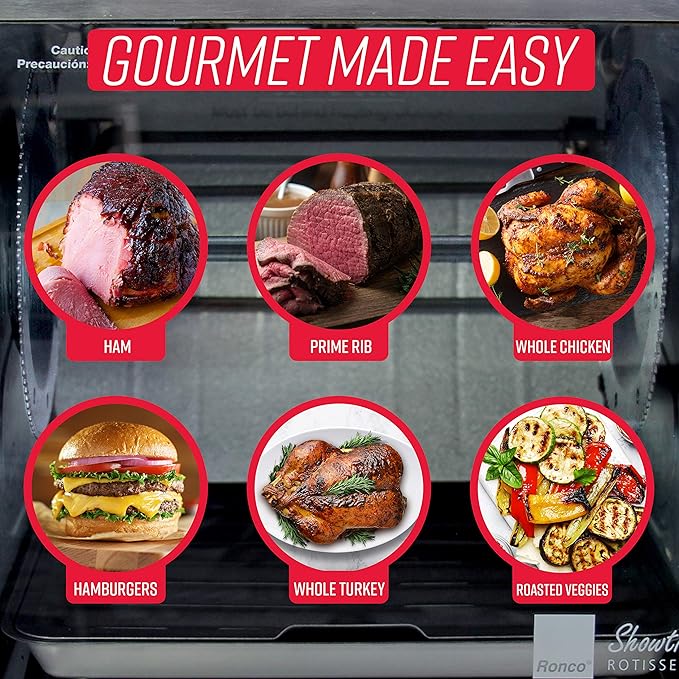 Ronco Showtime Large Capacity Rotisserie & BBQ Oven Modern Edition, Simple Switch Controls, Silicone Door Tie, Perfect Preset Rotation Speed, Self-Basting, Auto Shutoff, Includes Multipurpose Basket