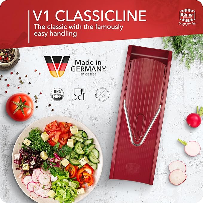 Mandoline Food Slicer Börner V1 (Starter Set) by Reston Lloyd • V-Slicer with 3 Blade Inserts & Food Holder • Made in Germany • Fruit & Vegetable Chopper • Multiple Settings • Color: Red