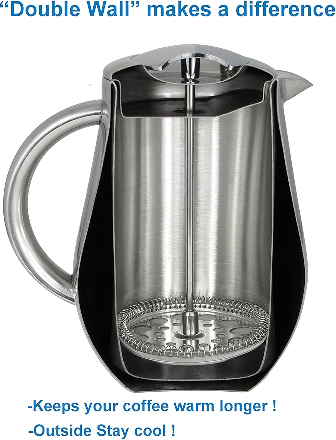 SterlingPro Stainless Steel French Press Coffee Maker Large 1 L (34 oz) with 2 Extra Filters Silver – Double Walled Insulated Coffee Press Keeps Drinks Hot, Easy to Use, Stylish Design for Rich Flavor
