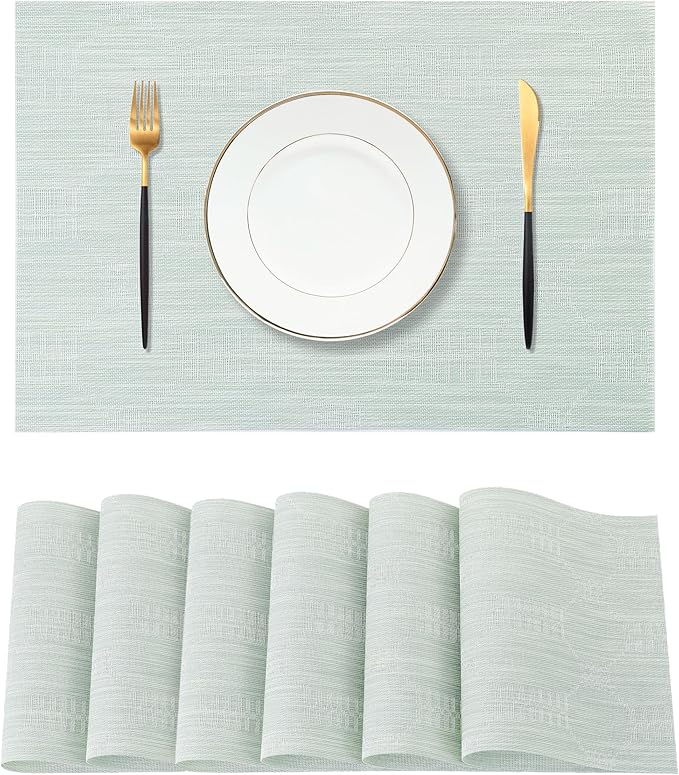 Leetaltree Mint Cream Placemats Set of 6 - Heat Resistant Non-Slip Place mats for Dining Table, Washable Durable PVC Vinyl Woven Table Mats（Mint Cream, 6）