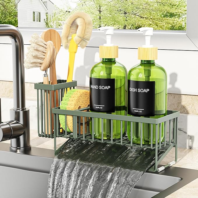 Cisily Sage Green Kitchen Dish Soap Dispenser, 16 fl Oz Dual Kitchen Soap Dispensers with Sponge Holder, Customized Stainless Steel Kitchen Soap Dispenser Set, Modern Hand and Dish Soap Bottle Set
