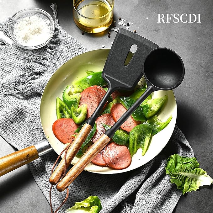 Exquisite Silicone Cooking Utensils Set - Non-Toxic, Heat-Resistant Kitchen Utensils Set with Food-Grade Silicone & Wood Handles - Includes Spatula & Spoon for Non-Stick Cookware, Black