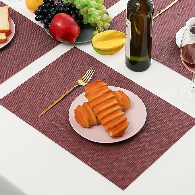 Leetaltree Burgundy Placemats Set of 4 - Heat Resistant Non-Slip Place mats for Dining Table, Washable Durable PVC Vinyl Woven Table Mats（Burgundy, 4）