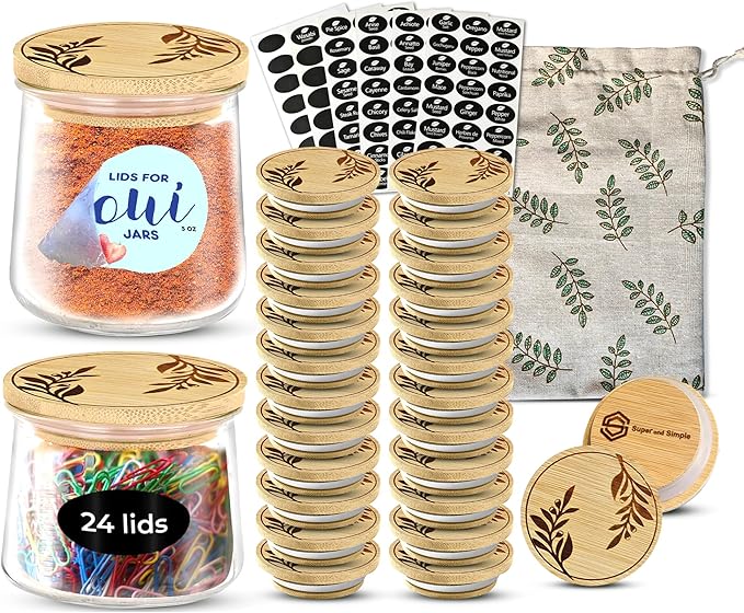 Oui Yogurt Jar Lids Bamboo Olive Branches – 24 Pack Airtight Reusable Oui Jar Covers with Silicone Seal – Oui Yogurt Jar Lids Wood for Yogurt Jars – Includes Chalkboard Labels & Storage Bag