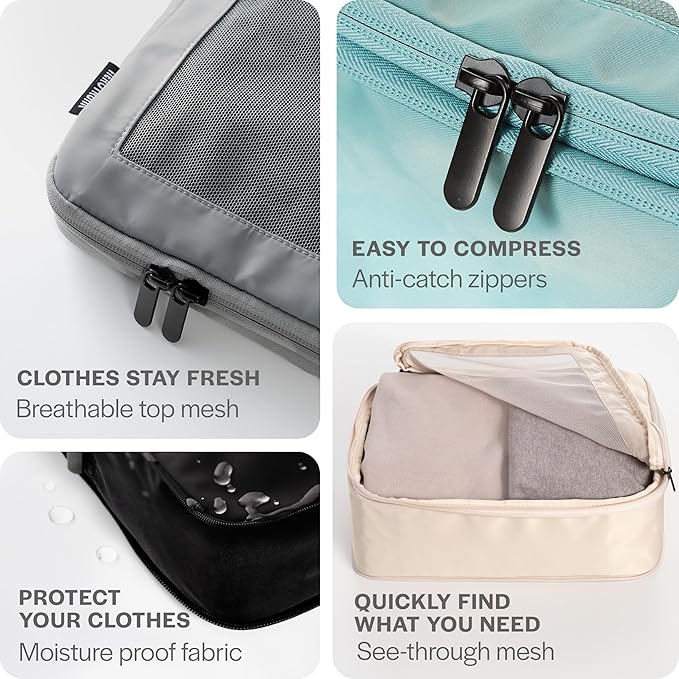 Aerotrunk Compression Packing Cubes for Travel - Luggage Organizer Bags - Double Zipper Packing Cubes for Suitcases (6-Pack, Beige)