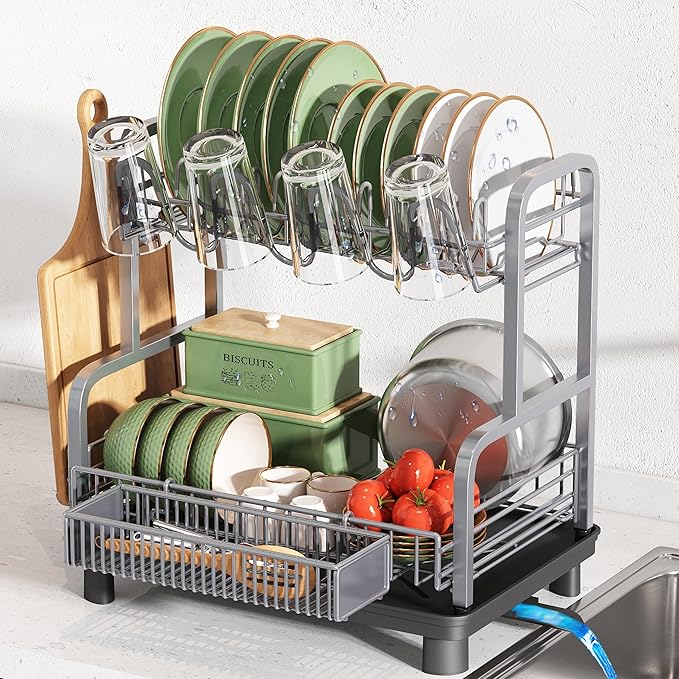 romision 2 Tier Compact Stainless Steel Dish Drainers Drying Rack for Kitchen Counter, Space Saving, Rust Proof Plate Strainers Holder On Countertop with Drainboard, Modern Gray, Small