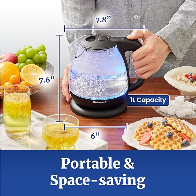 Elite Gourmet EKT1001B Electric 1.0L BPA-Free 1100W Glass Kettle Cordless 360° Base, Stylish Blue LED Interior, Handy Auto Shut-Off Function – Quickly Boil Water For Tea & More, Graphite Black