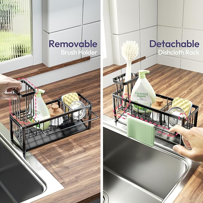 SWTYMIKI Sponge Holder for Kitchen Sink - Sink Caddy with Brush Holder and Stainless Steel Self Drain Tray, Sponge Caddy Organizer with Divider Kitchen Accessories Storage for Countertop, Black