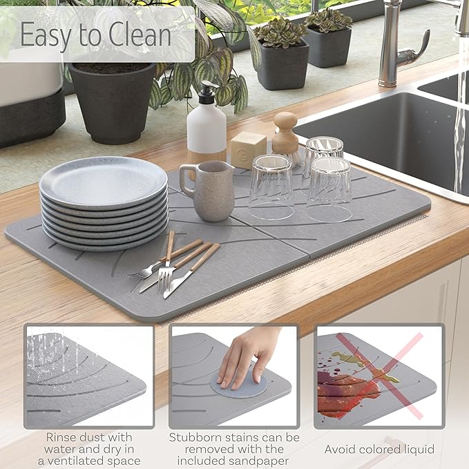 Large Stone Drying Mat with Bamboo Rack | 23.6” x 15.4” Diatomaceous Earth Collapsible Stone Dish Drying Mat | Quick Water Absorbing Foldable Dish Drying Stone for Kitchen Counter Racks (Light Gray)