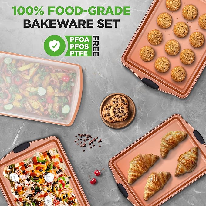 NutriChef 25-Piece Baking Pan Set, Nonstick Carbon Steel Bakeware, Includes 15 Cookie Sheets (3 Each 13", 17", 15") with Silicone Handles, 5 Rectangular Pans with Plastic Lids, PFOA/PFOS/PTFE Free