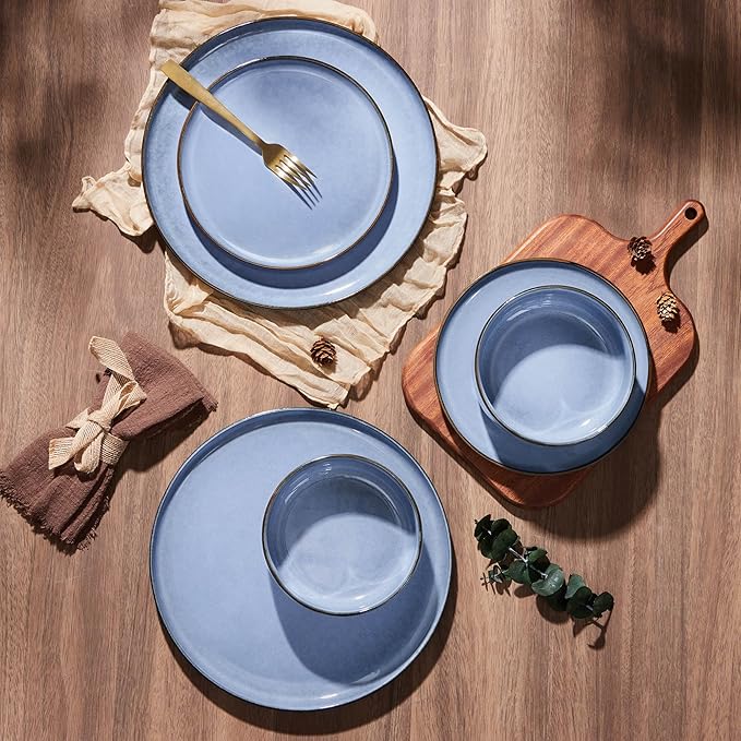E-far 6-Piece Reactive Glaze Dinnerware Sets, Ceramic Dishes Set for 2, Stoneware Plates and Bowls Dinning Ware, Microwave & Dishwasher Safe - Ocean Blue