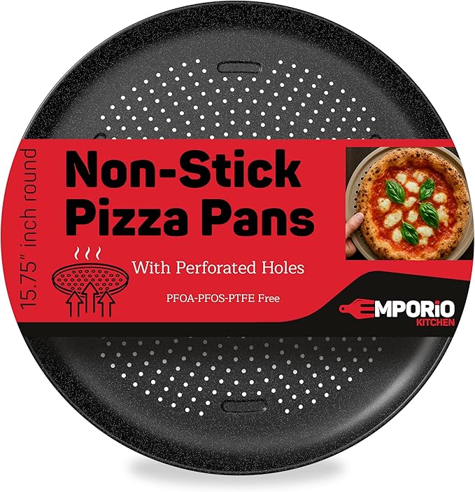 Emporio Kitchen Pizza Baking Pan - 15.75-Inch Round Perforated Carbon Steel Tray with Non-Stick Gray Marble Coating, Airflow Design, Dishwasher & Oven Safe (Up to 450°F), PFOA, PFOS, PTFE-Free, Gray