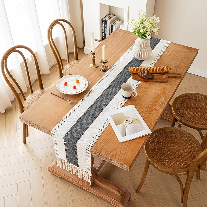 FEXIA Boho Table Runner for Home Decor with Tassels 36 Inches Long,Grey Farmhouse Rustic Table Runner Macrame Burlap Table Decoration for Living Room Bridal Shower(12x36 Inches)
