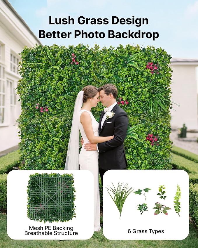 VEVOR Artificial Plant Wall, 16PCS 20 x 20 in Artificial Boxwood Panels, Greenery Backdrop Privacy Hedge Fence with Sun Protection, Fake Grass Wall Screen for Wedding, Indoor, Outdoor GardenMixed Leaf