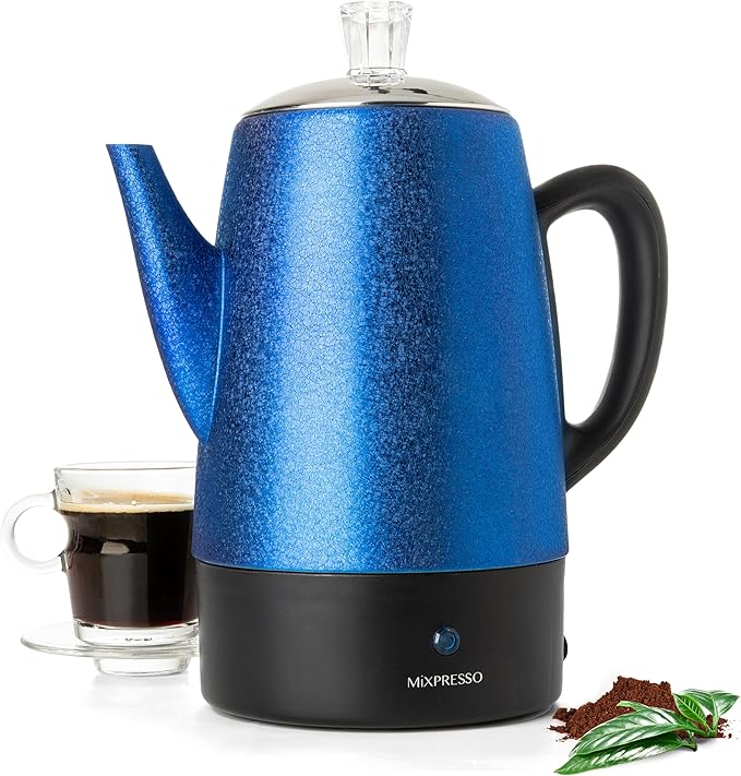 Mixpresso 10 Cup Percolator Coffee Pot Electric, Stainless Steel Coffee Percolator Electric With Keep Warm Function, Classic Perculator Pot With Removable Basket for Home or Office - Shiny Blue
