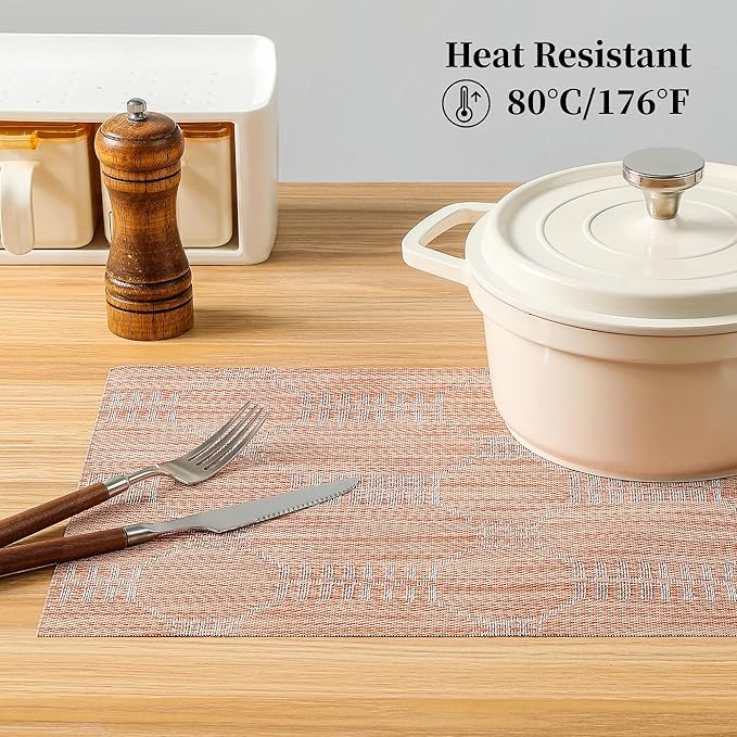 Leetaltree Coral Placemats Set of 8 - Heat Resistant Non-Slip Place mats for Dining Table, Washable Durable PVC Vinyl Woven Table Mats（Coral, 8）