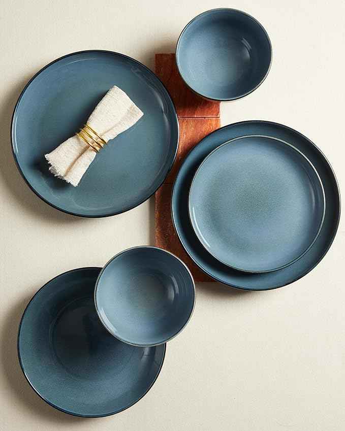 16 Piece Double Bowl Dinnerware Sets with Pasta Bowls, Highly Chip and Crack Resistant Plates and Bowls Sets, Natural Earthyware Ceramic Dishware Sets, Service for 4 Jeans Blue