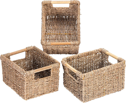 Small Wicker Baskets for Organizing Bathroom, Seagrass Baskets for Storage, Wicker Storage Basket with Wooden Handle, Decorative Small Organizing Basket 10.3 x 7.7 x 6.3 inches - 3 Pack