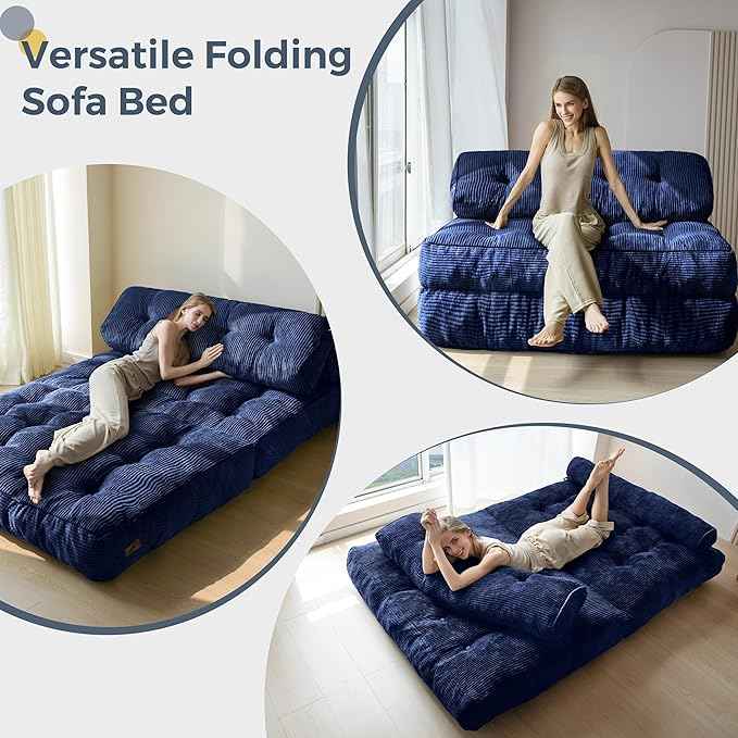 MAXYOYO Folding Sofa Bed, Convertible Sleeper Chair with Pillow Foldable Matress with Back Support, Portable Fold Out Chair Bed Comfy Floor Sofa Lounge for Living Room Bedroom, Navy Double